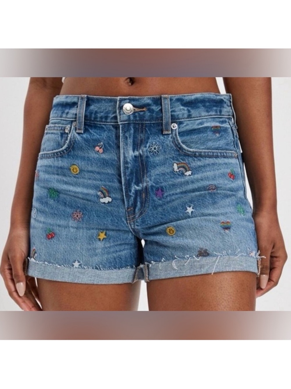 American Eagle '90s Embroidered Boyfriend Shorts in an indigo wash